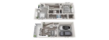 a floor plan of two bedrooms with two bathrooms and a living room with a couch and a at Brownstones at Palisade Park Townhomes, Broomfield, 80023