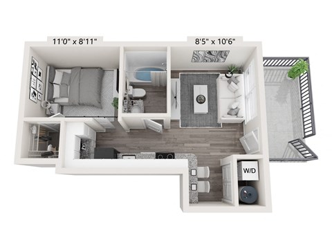 a floor plan of a one bedroom apartment with a bathroom and a balcony at Brownstones at Palisade Park Townhomes, Colorado, 80023