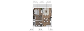 A diagram of a small apartment layout with a bedroom, living room, kitchen, bathroom, and laundry area.