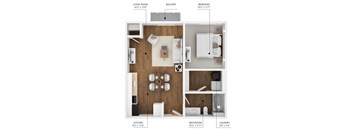 A diagram of a small apartment layout with a living room, kitchen, bathroom, bedroom, balcony, and laundry area.