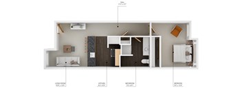 A floor plan of a small apartment with a living room, kitchen, bathroom, and bedroom.