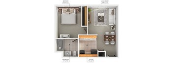 A diagram shows the layout of a small apartment with a bedroom, living room, kitchen, and bathroom.