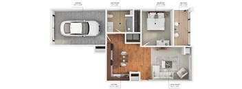 a stylized floor plan with a bedroom and a living room with a convertible car