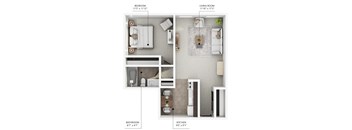 A diagram shows the layout of a small apartment with a bedroom, living room, bathroom, and kitchen.