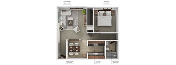 A diagram shows the layout of a small apartment with a living room, dining room, kitchen, bedroom, and bathroom.