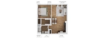 A floor plan of a small apartment with a laundry area, bedroom, living/dining room, kitchen, and bathroom.