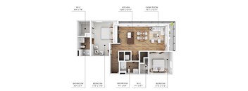 A floor plan of an apartment with a living room, kitchen, and four bedrooms.