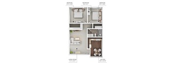 A diagram of a small apartment with a living room, kitchen, and two bedrooms.