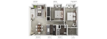 A diagram shows the layout of a living space with a living room, dining area, kitchen, bathroom, and two bedrooms.