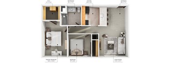 A diagram shows the layout of a small apartment with a living room, kitchen, bathroom, and two bedrooms.