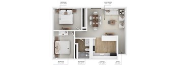 A diagram shows the layout of a living space with a bedroom, living room, kitchen, bathroom, and entry.