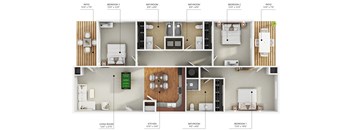 3d floor plan of a residence with bedrooms and a living room