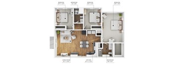A floor plan of a house showing the layout of the living room, kitchen, and bedrooms.
