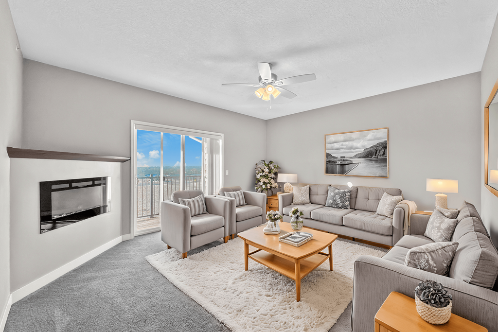 A living room with a grey couch, a grey chair, a grey sofa, a grey rug, a grey carpet, a grey wall, a grey ceiling, a grey fireplace, a grey window, a grey door, a