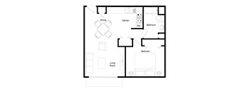 A floor plan of a house with a dining area, kitchen, bathroom, bedroom, and living room.