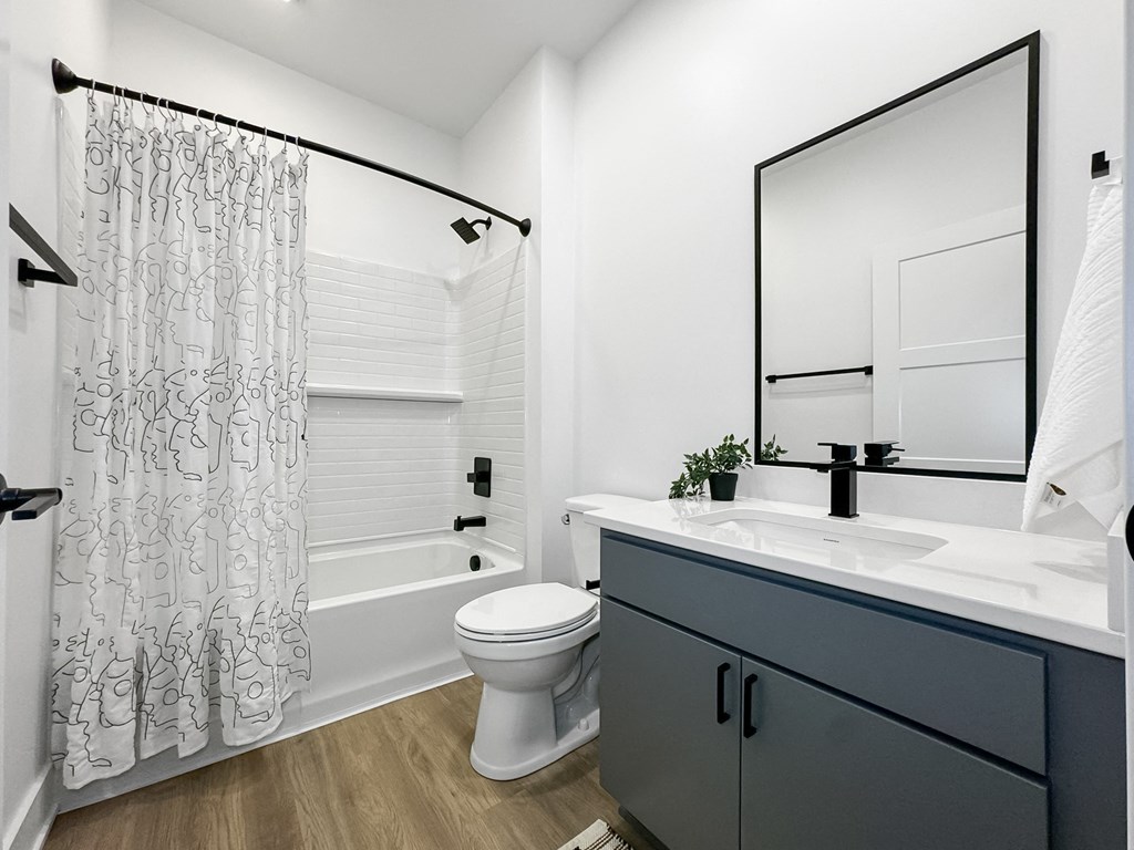 a bathroom with a shower toilet and sink and a mirror