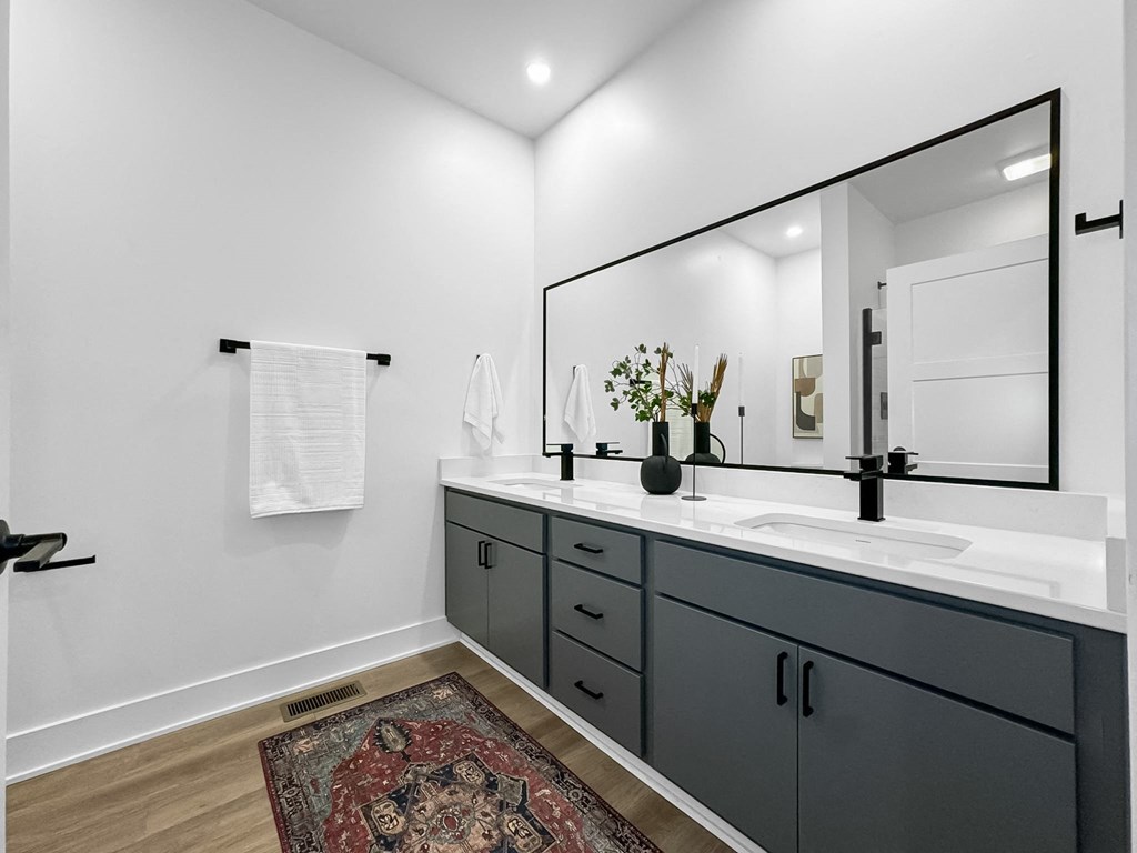a bathroom with a sink and a mirror and a rug