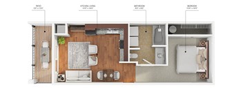 a stylized floor plan of a bedroom with a bathroom and a living room
