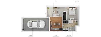 a stylized floor plan with a car and a bedroom