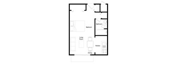 A floor plan of a house with a living room, dining room, kitchen, bedroom and bathroom.
