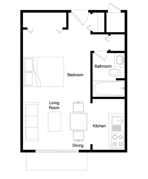 A floor plan of a house with a living room, dining room, kitchen, bedroom and bathroom.