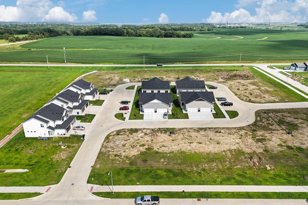 A large white house with a black roof is surrounded by smaller houses with similar features.