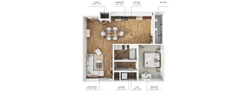 a 1 bedroom floor plan with a wood accent wall