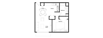 A floor plan of a house with a dining area, kitchen, bathroom, bedroom, and living room.