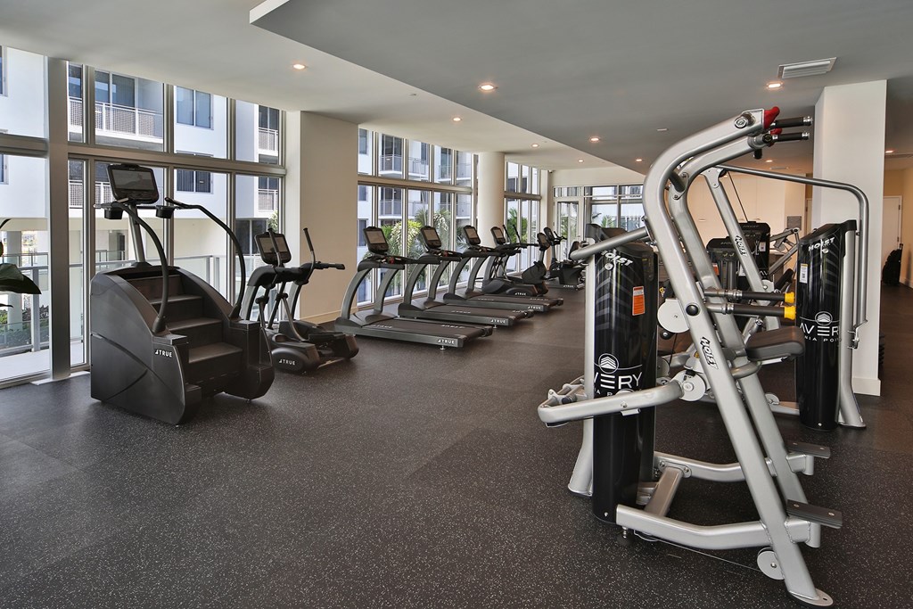 A gym with a variety of equipment including treadmills, stationary bikes, and weight machines.