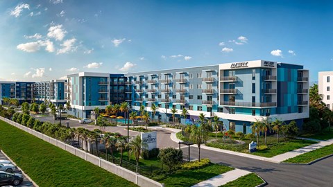 A modern apartment complex with the name "INVERN" on the top of the buildings.