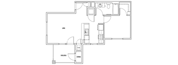 a line drawing of a floor plan of a one bedroom unit