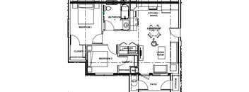 A floor plan of a unit with two bedrooms, a living room, a kitchen, a bathroom, a laundry room, and a storage area.