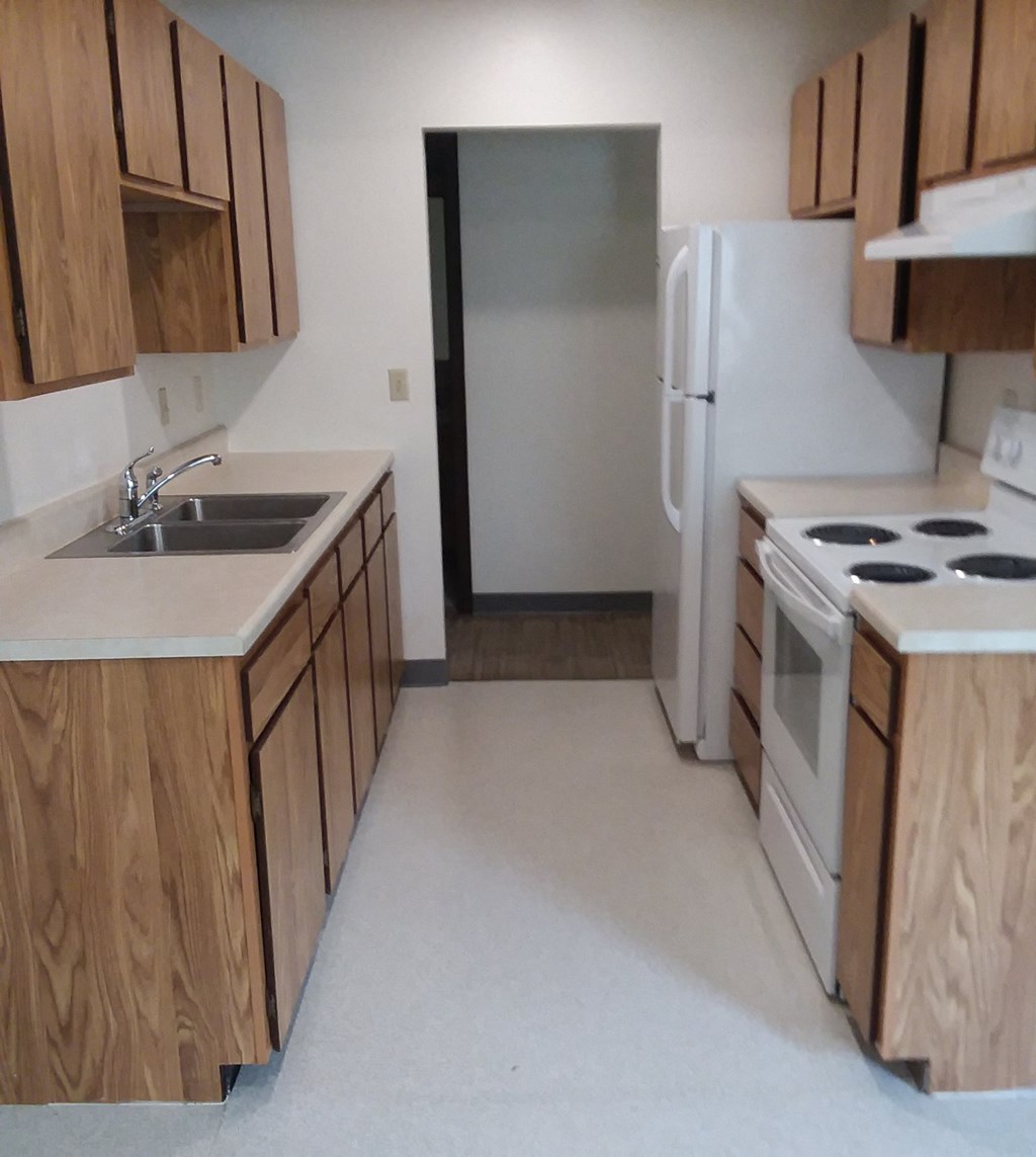 Image of a refrigerator, stove, faucet, sink, cabinet, and counter space