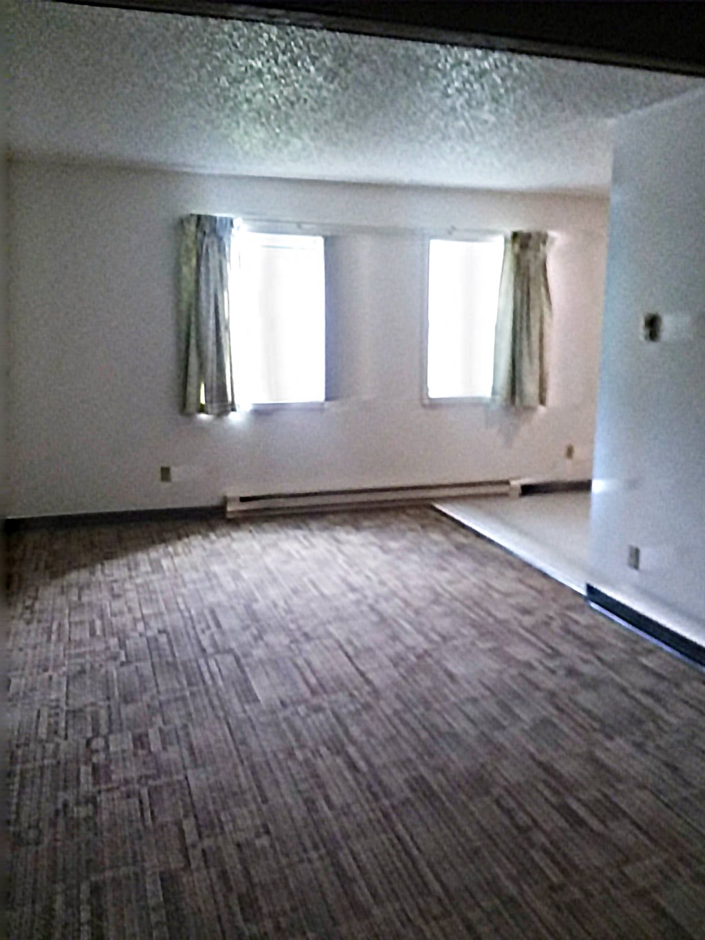 Living Room Image of carpeted room with two windows and base board heater