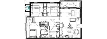 A floor plan of a unit with three bedrooms, two bathrooms, a living room, a kitchen, a dining room, and a patio.