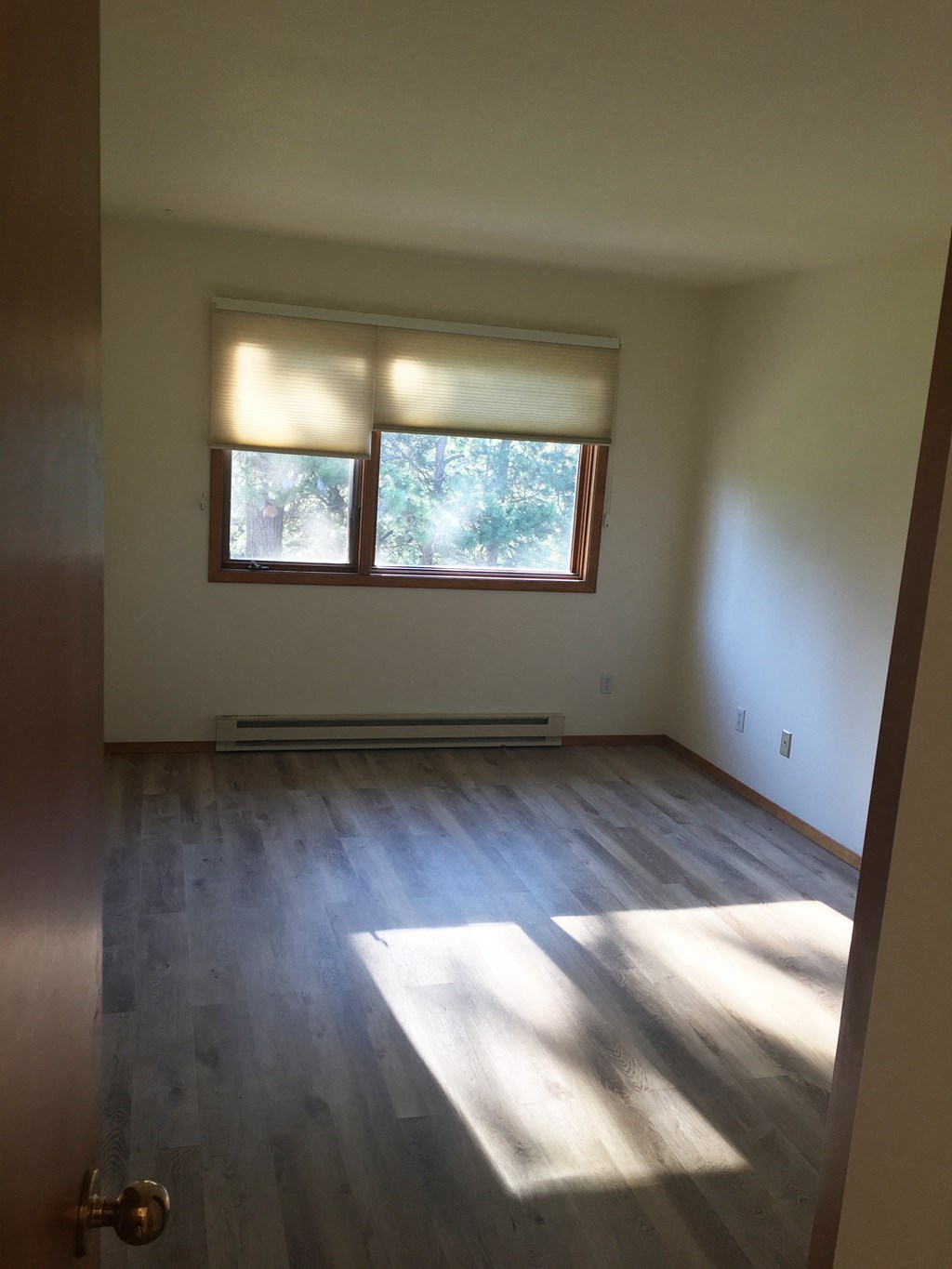 Image of bedroom with two windows and baseboard heater