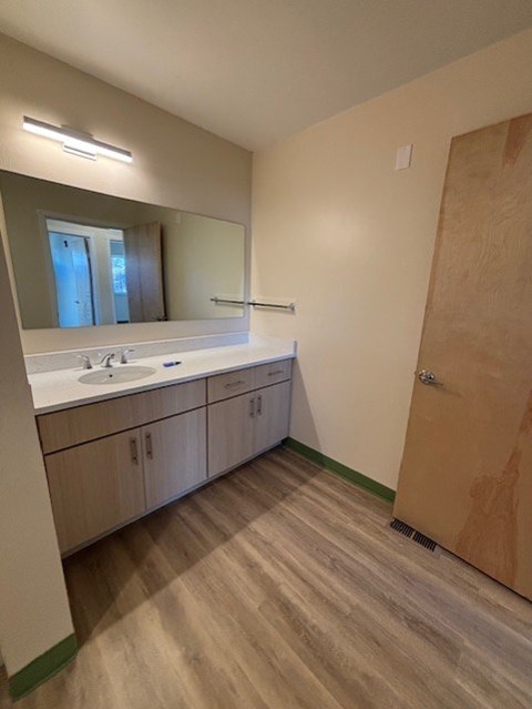 A bathroom with a sink, mirror, and wooden floors.