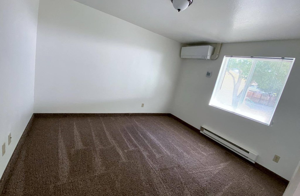 the bedroom with carpet and a window