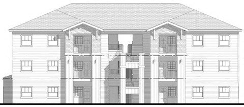 A black and white drawing of a multi-story building.