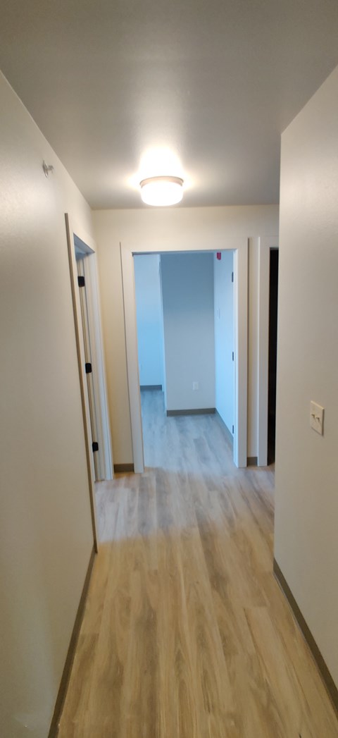the living room and hallway of an empty apartment