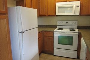 Image of refrigerator, stove, microwave, cabinets, dishwasher and counter space