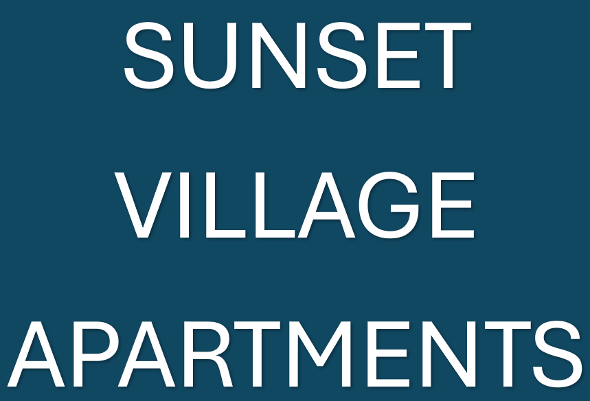 The image displays the words "SUNSET VILLAGE APARTMENTS" in large, bold letters.