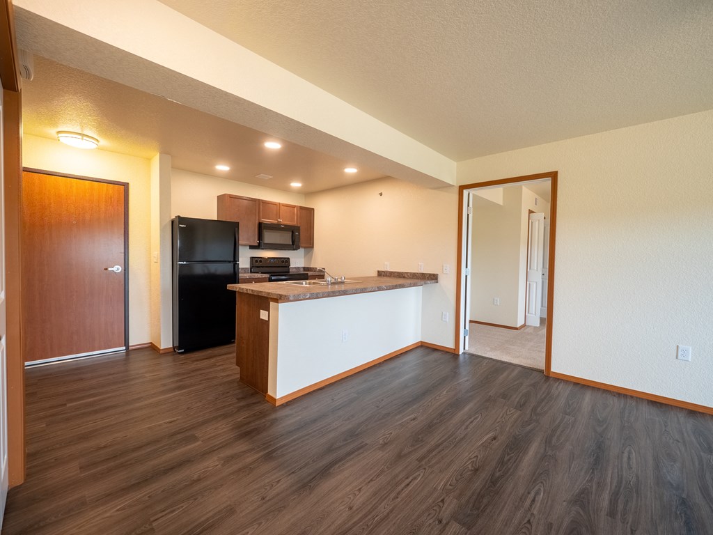 Image counter space, refrigerator, stove, microwave, sink, and cabinets