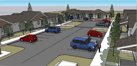 A street view of a residential area with cars parked on the side of the road.