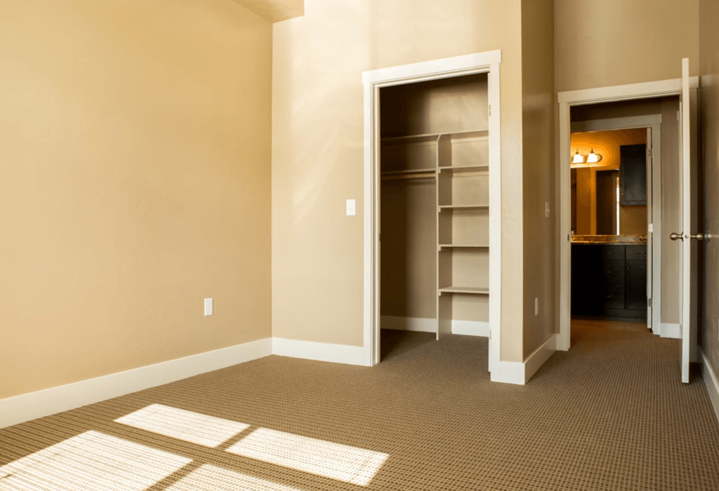 a bedroom with a closet and a bathroom in the background