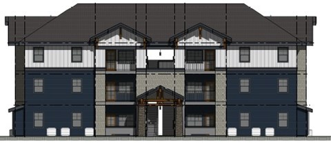 A blue and white two story building with a black roof.