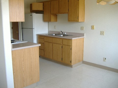 an empty kitchen with a sink and a refrigerator