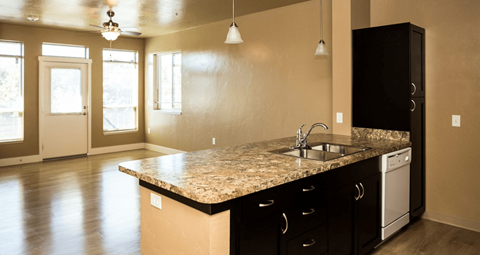 A kitchen with a granite countertop and black cabinets.