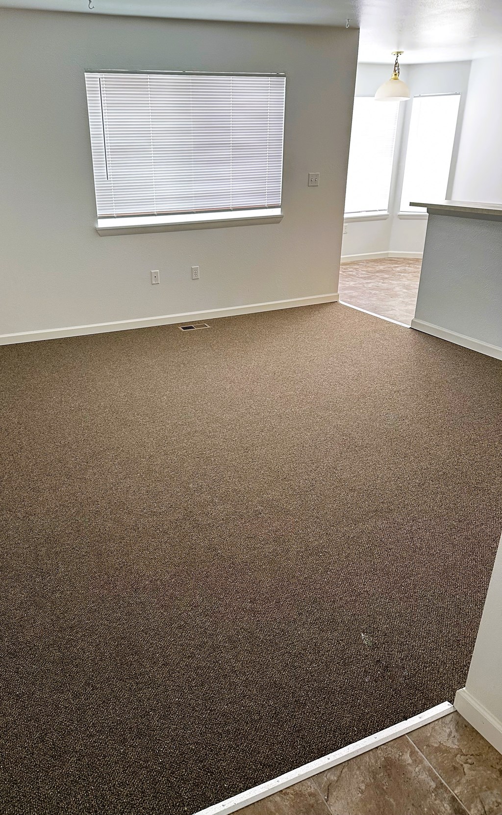 A room with a carpeted floor and a window with blinds.