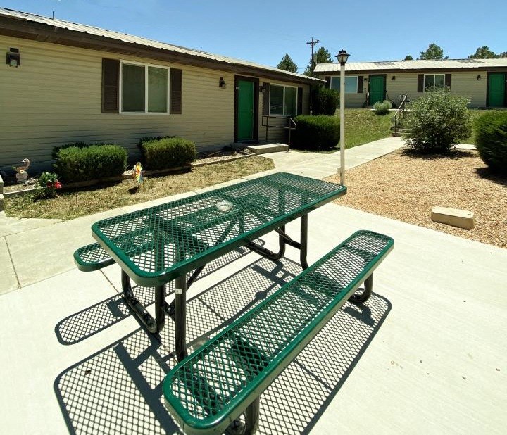 picnic area with a picnic table with benches in front of a unit